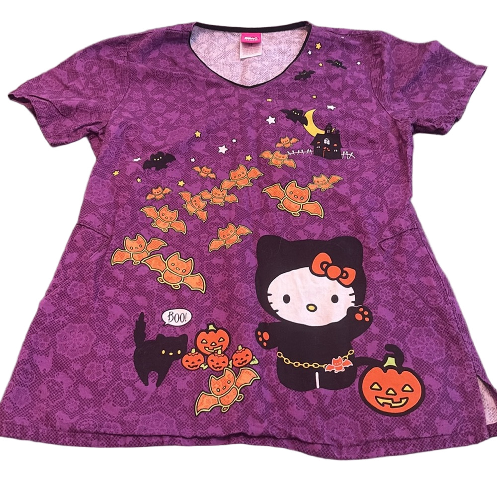 Hello Kitty Scrub Top Bats Pumpkins Cat Haunted House Purple XS